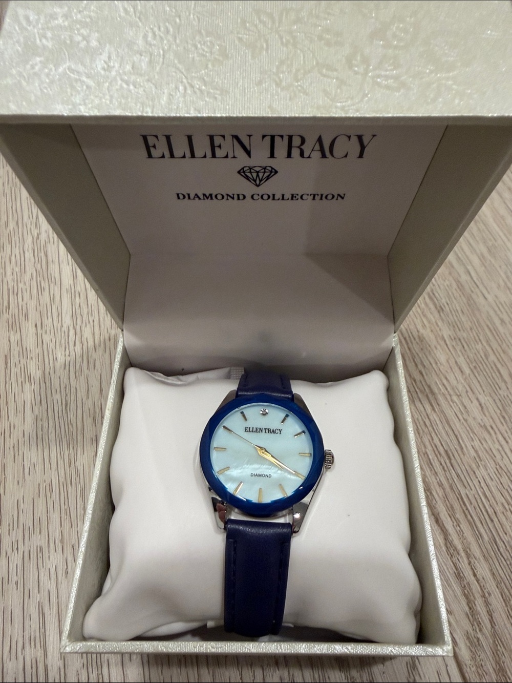 Ellen Tracy Navy Blue Leather Strap Watch with Light Blue Dial